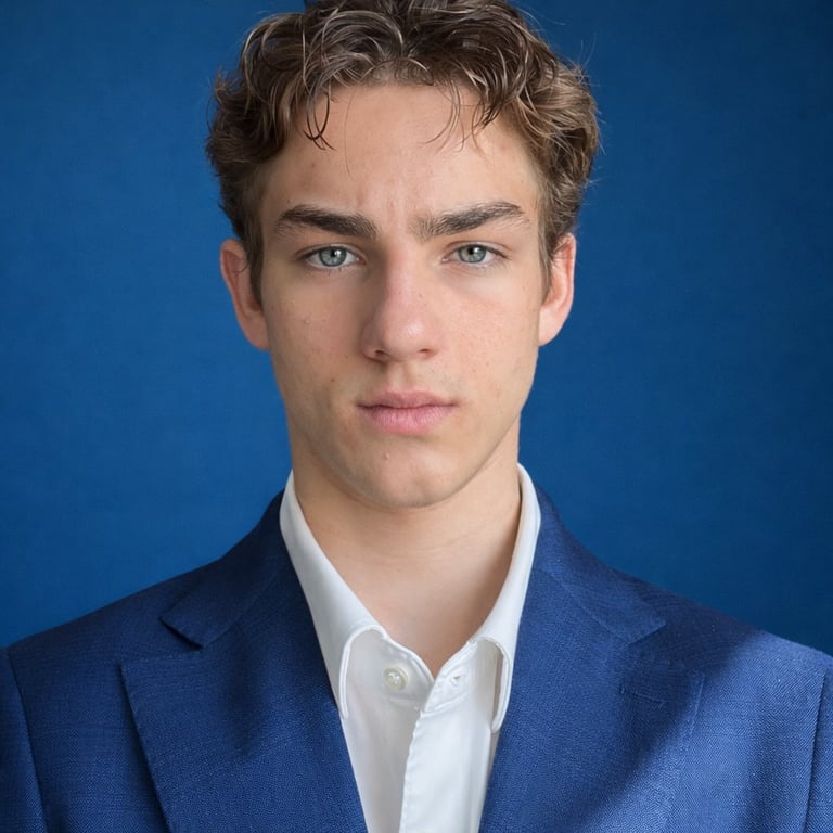 Professional headshot of a young man with brown hair and blue eyes wearing a blue blazer and white dress shirt against a blue background