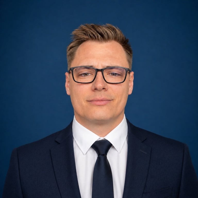 Professional headshot of a man wearing glasses, dark suit, and navy tie against a blue background